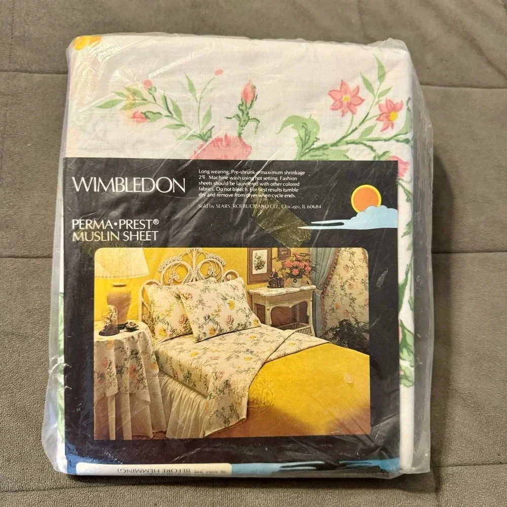 Vintage Sears Wimbledon Floral Twin Size Flat Sheet Perma Prest Muslin Unopened